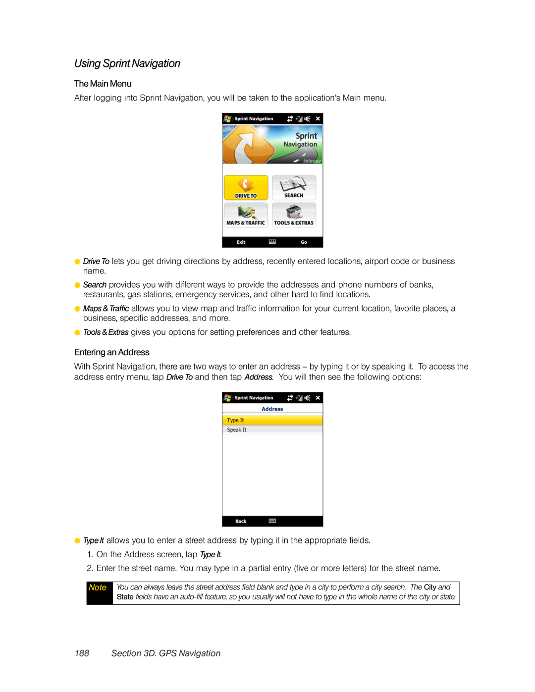 HTC RAPH800 manual Using Sprint Navigation, Main Menu, Entering an Address 
