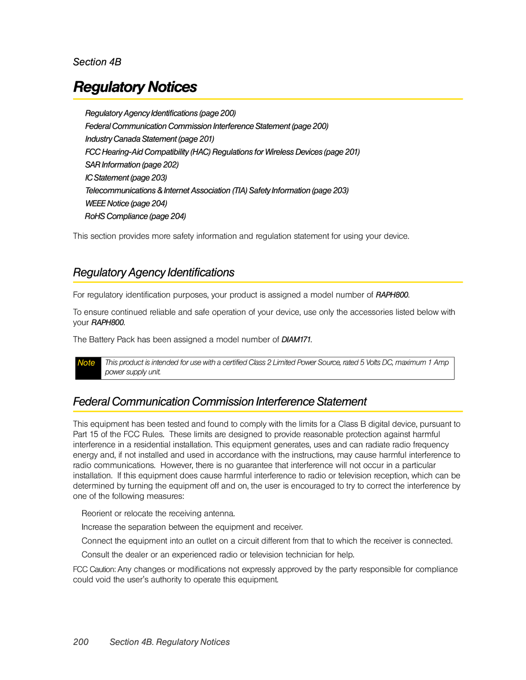 HTC RAPH800 Regulatory Notices, Regulatory Agency Identifications, Federal Communication Commission Interference Statement 