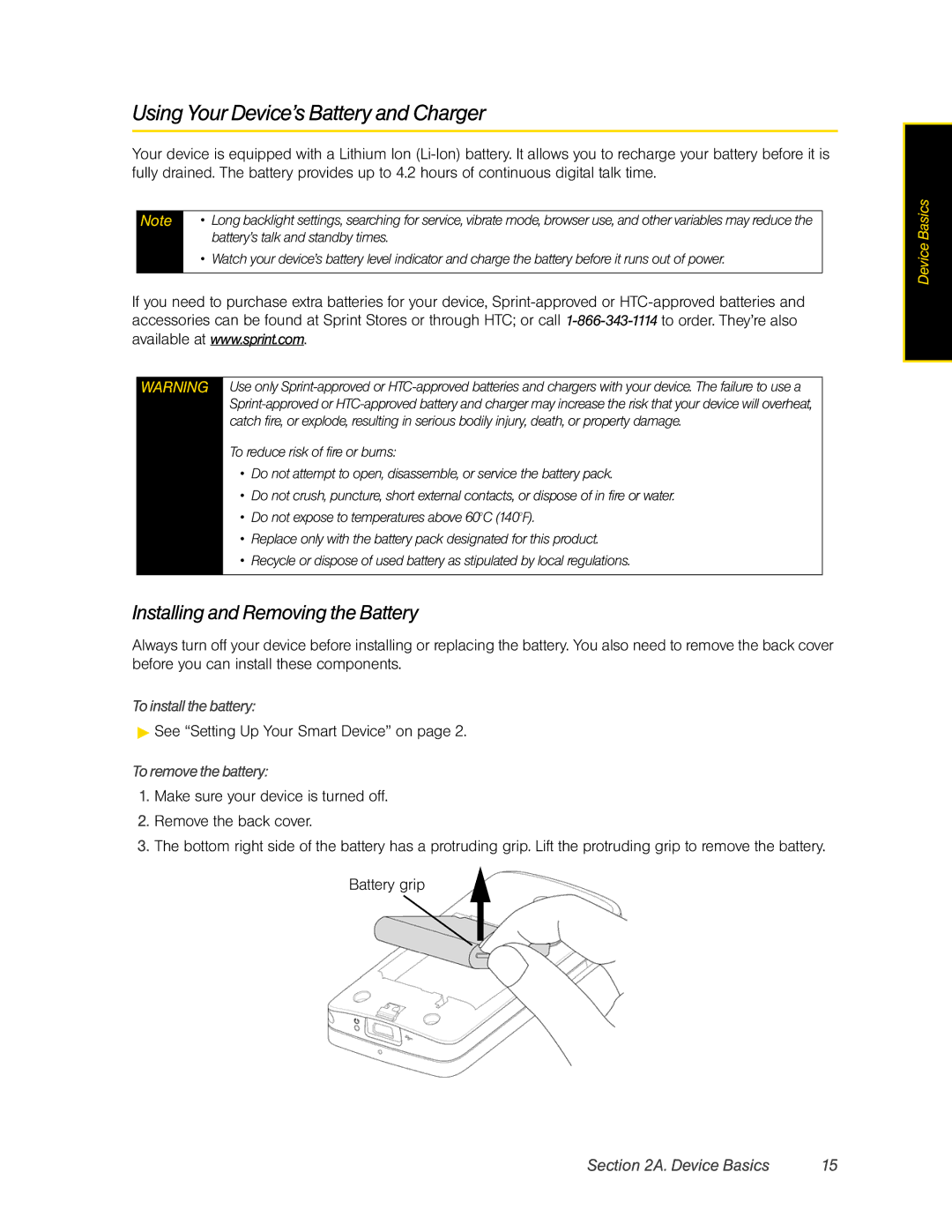 HTC RAPH800 manual Using Your Device’s Battery and Charger, Installing and Removing the Battery, To install the battery 