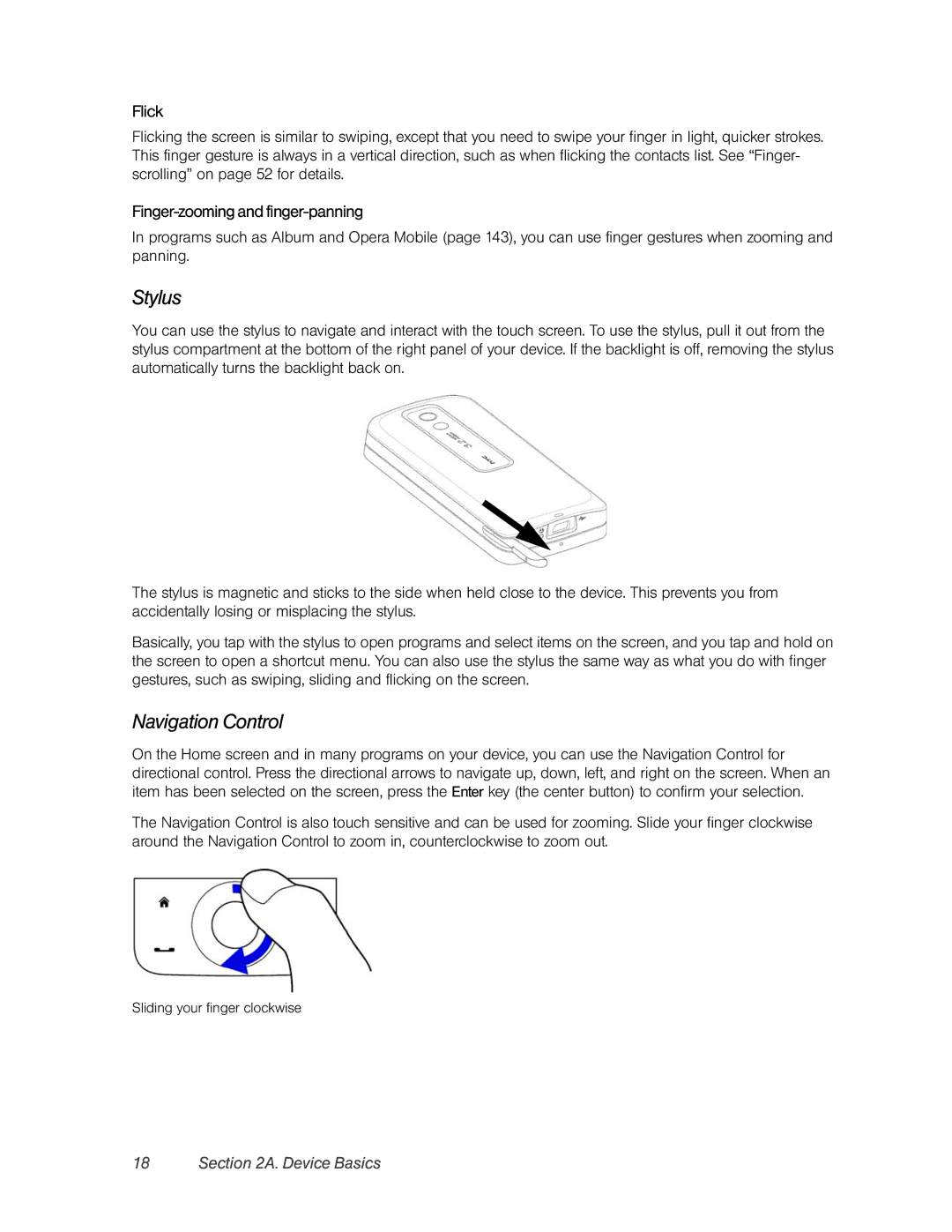 HTC RAPH800 manual Stylus, Navigation Control, Flick, Finger-zooming andfinger-panning 