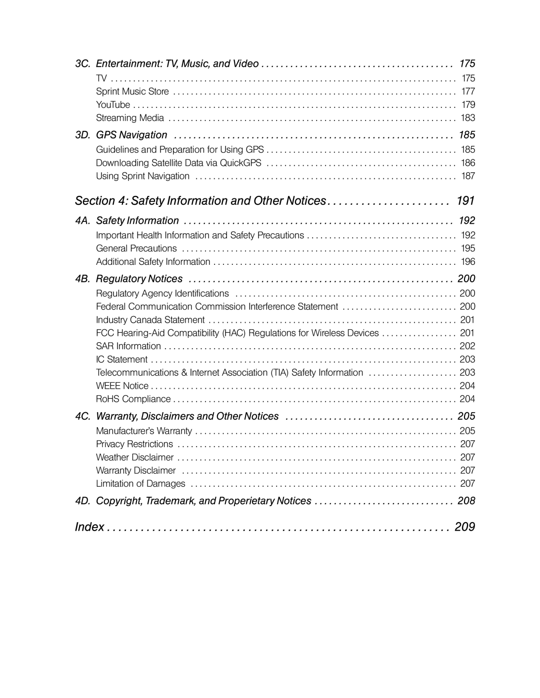 HTC RAPH800 manual Safety Information and Other Notices, Index 