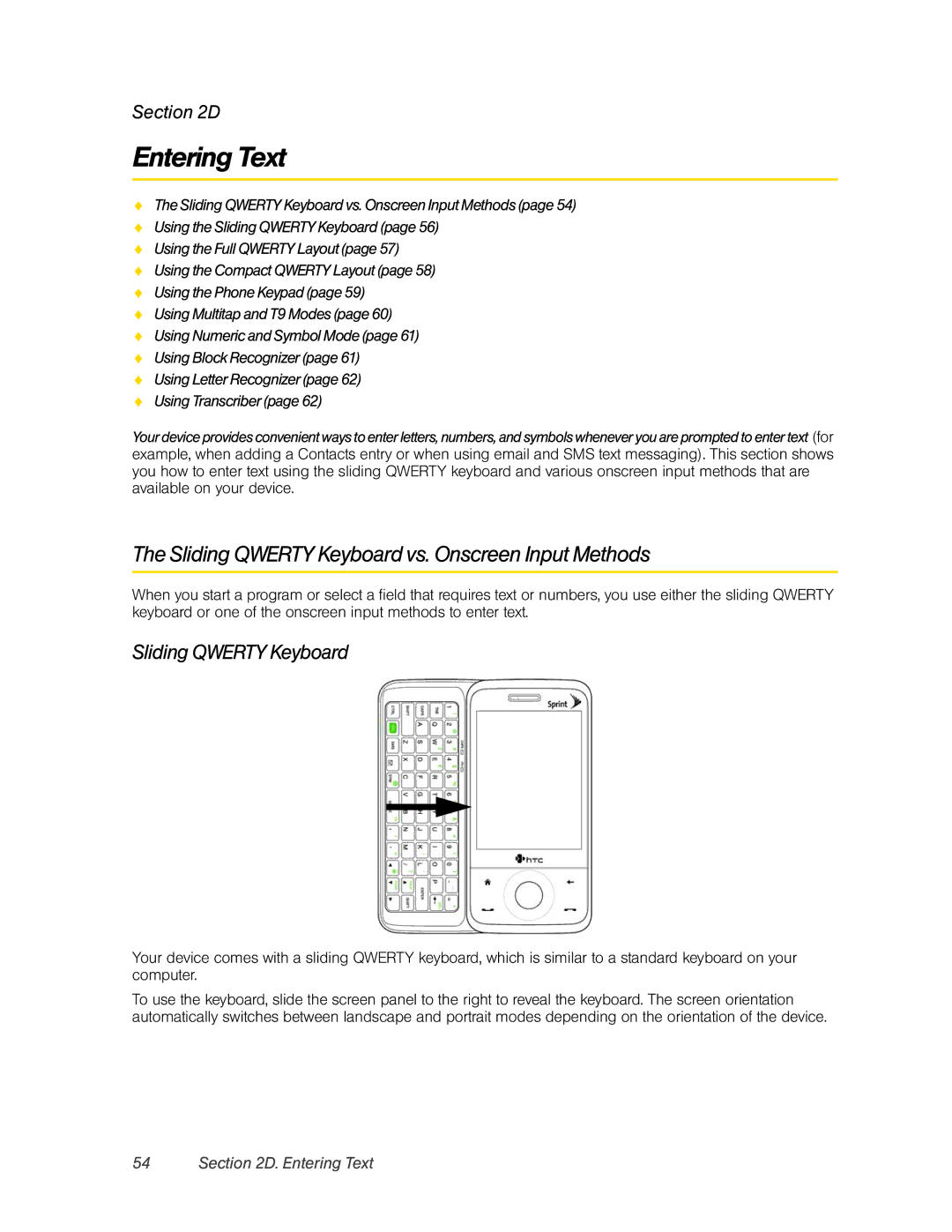 HTC RAPH800 manual Entering Text, Sliding Qwerty Keyboard vs. Onscreen Input Methods 