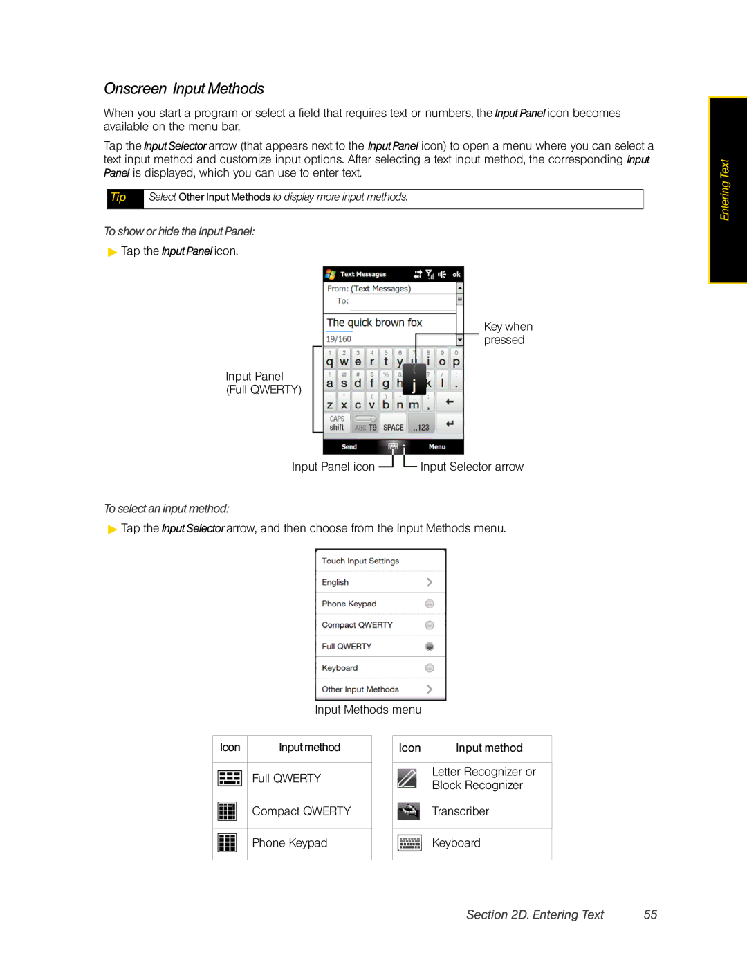 HTC RAPH800 manual Onscreen Input Methods, To show or hide the Input Panel, To select an input method 