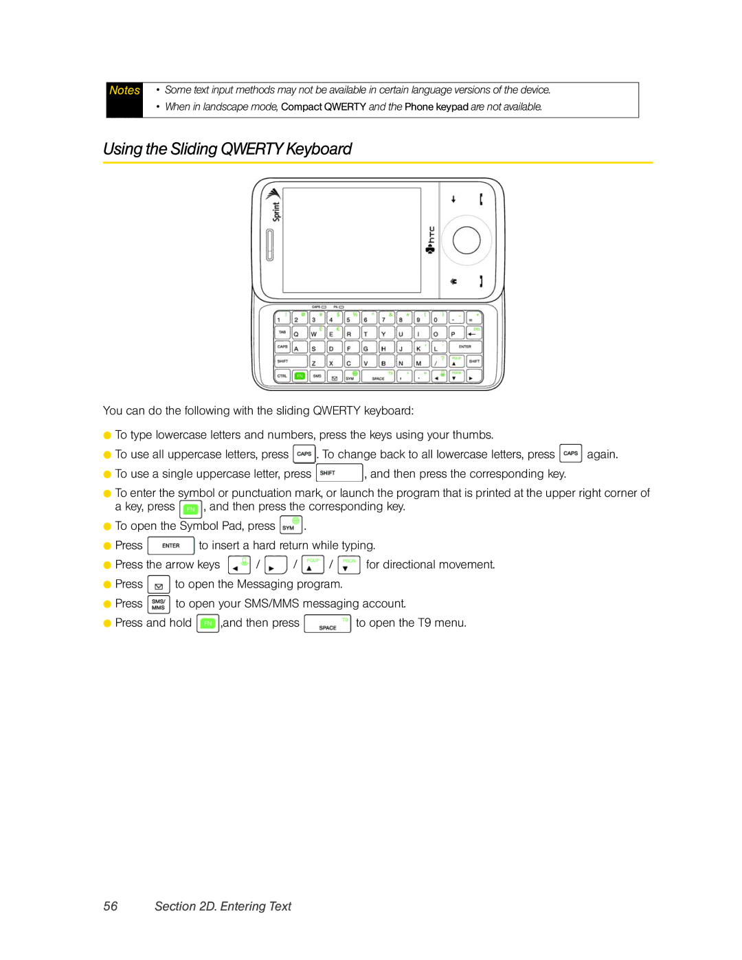 HTC RAPH800 manual Using the Sliding Qwerty Keyboard,  To use a single uppercase letter, press 