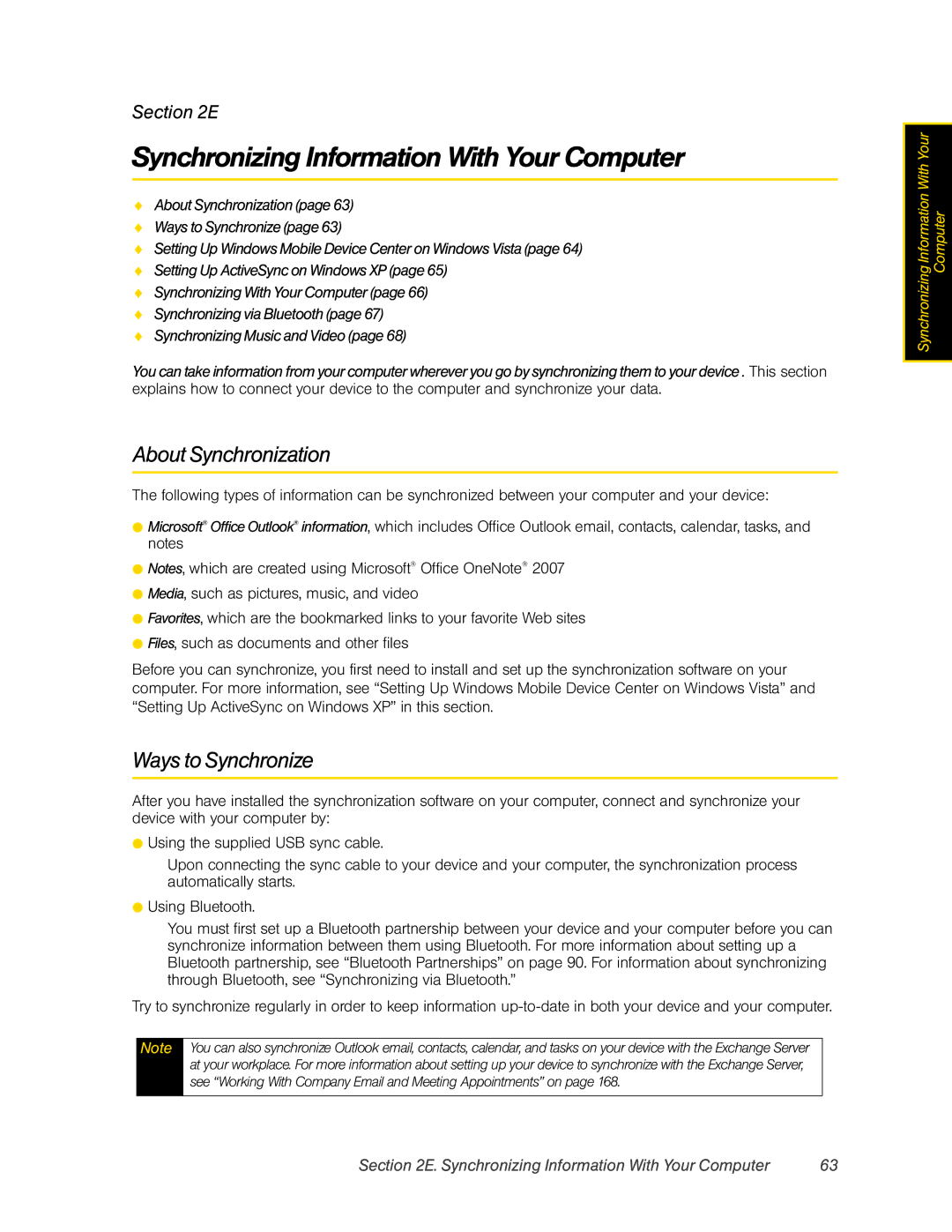 HTC RAPH800 manual Synchronizing Information With Your Computer, About Synchronization, Ways to Synchronize 