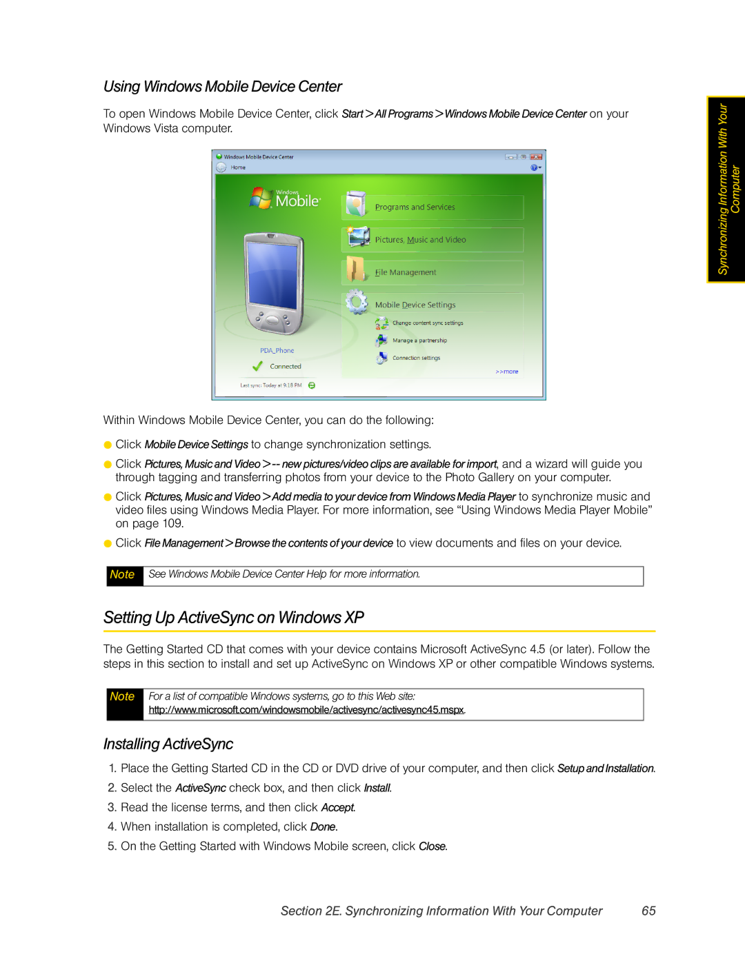 HTC RAPH800 manual Setting Up ActiveSync on Windows XP, Using Windows Mobile Device Center, Installing ActiveSync 