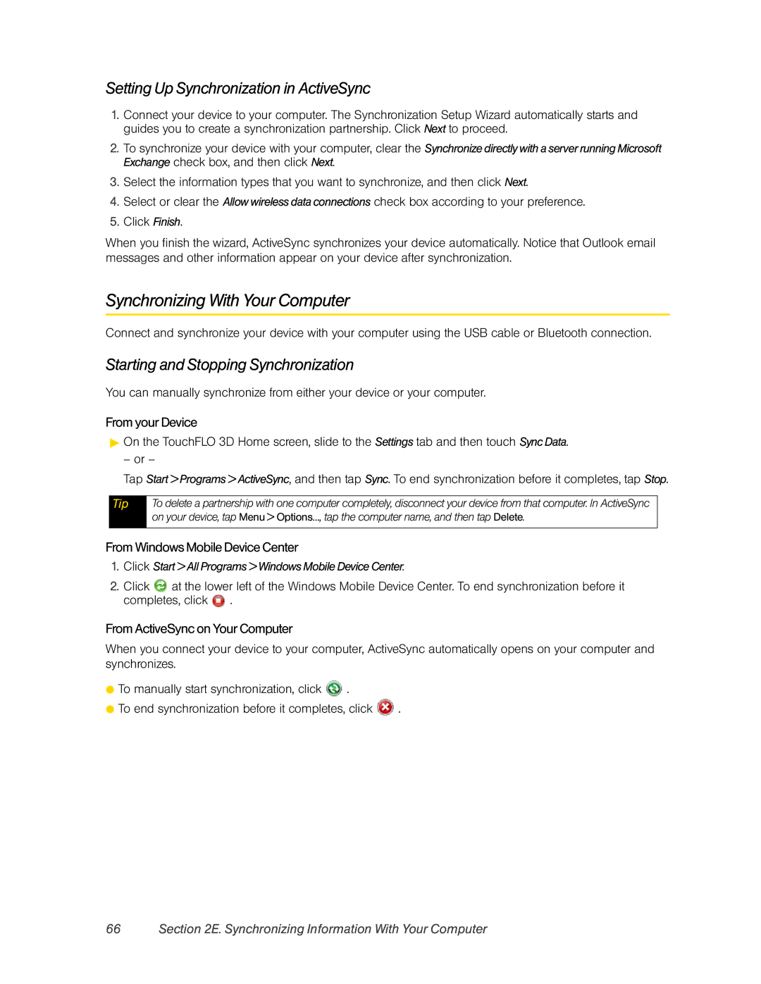 HTC RAPH800 manual Synchronizing With Your Computer, Setting Up Synchronization in ActiveSync 