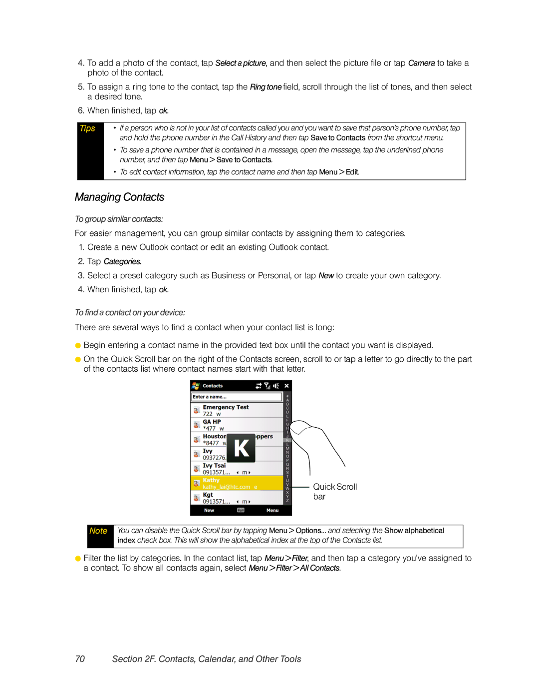 HTC RAPH800 manual Managing Contacts, Contacts, Calendar, and Other Tools, To group similar contacts, Tap Categories 