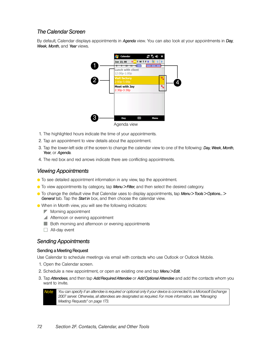 HTC RAPH800 manual Calendar Screen, Viewing Appointments, Sending Appointments, Sending a Meeting Request 