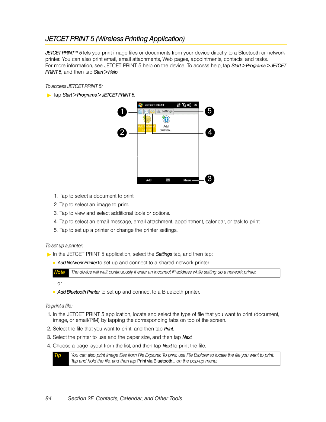 HTC RAPH800 manual Jetcet Print 5 Wireless Printing Application, To access Jetcet Print,  Tap Start Programs Jetcet Print 