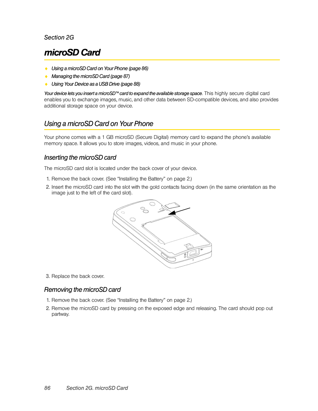 HTC RAPH800 manual MicroSD Card, Using a microSD Card on Your Phone, Inserting the microSD card, Removing the microSD card 