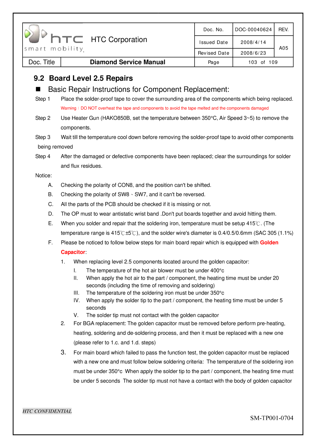 HTC Rev. A05 service manual Board Level 2.5 Repairs, „ Basic Repair Instructions for Component Replacement 