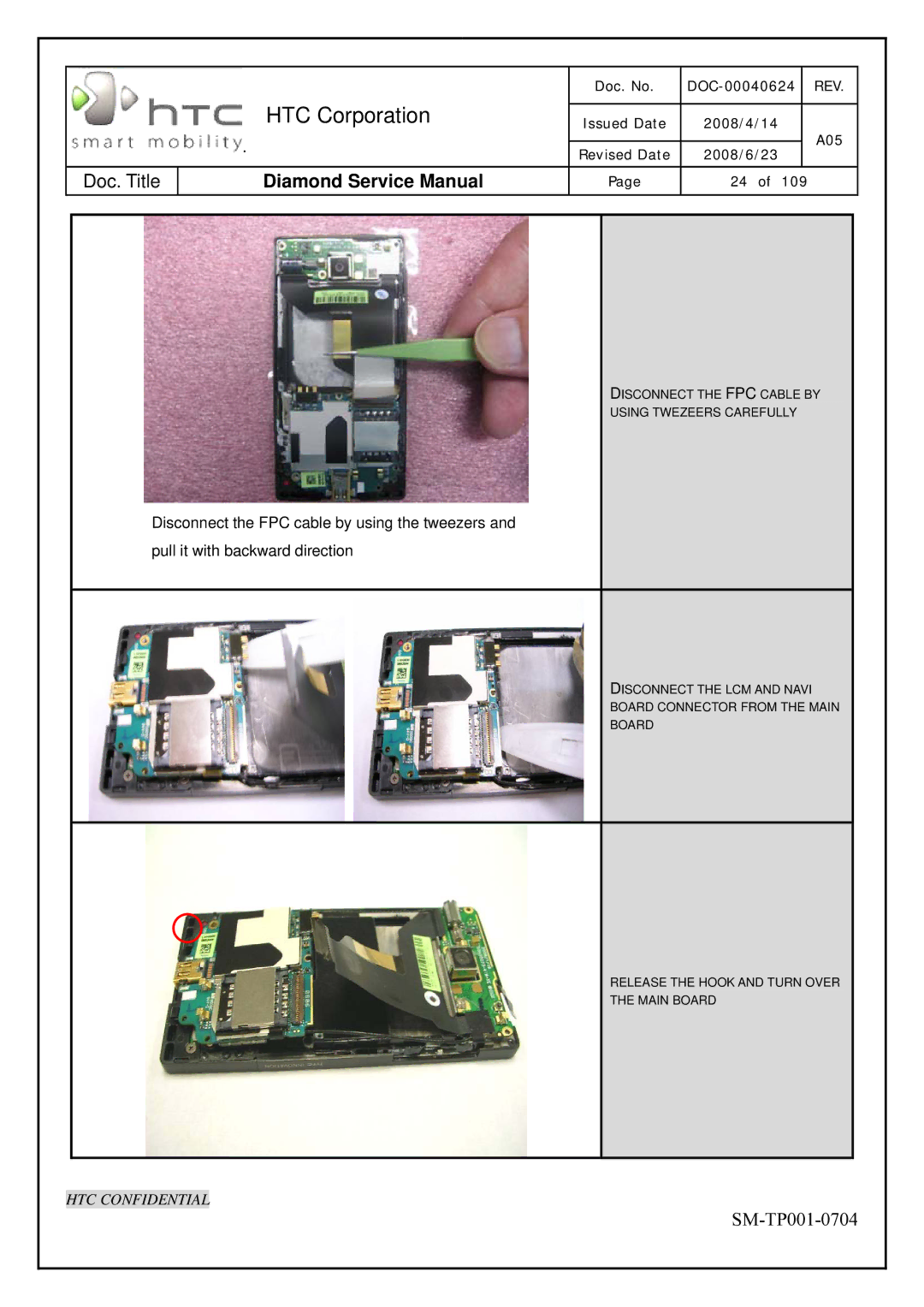 HTC Rev. A05 service manual Disconnect the FPC Cable by Using Twezeers Carefully 