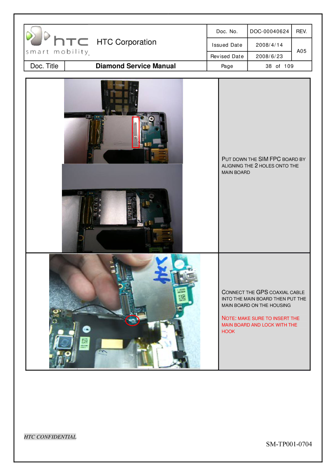 HTC Rev. A05 service manual Main Board and Lock with Hook 