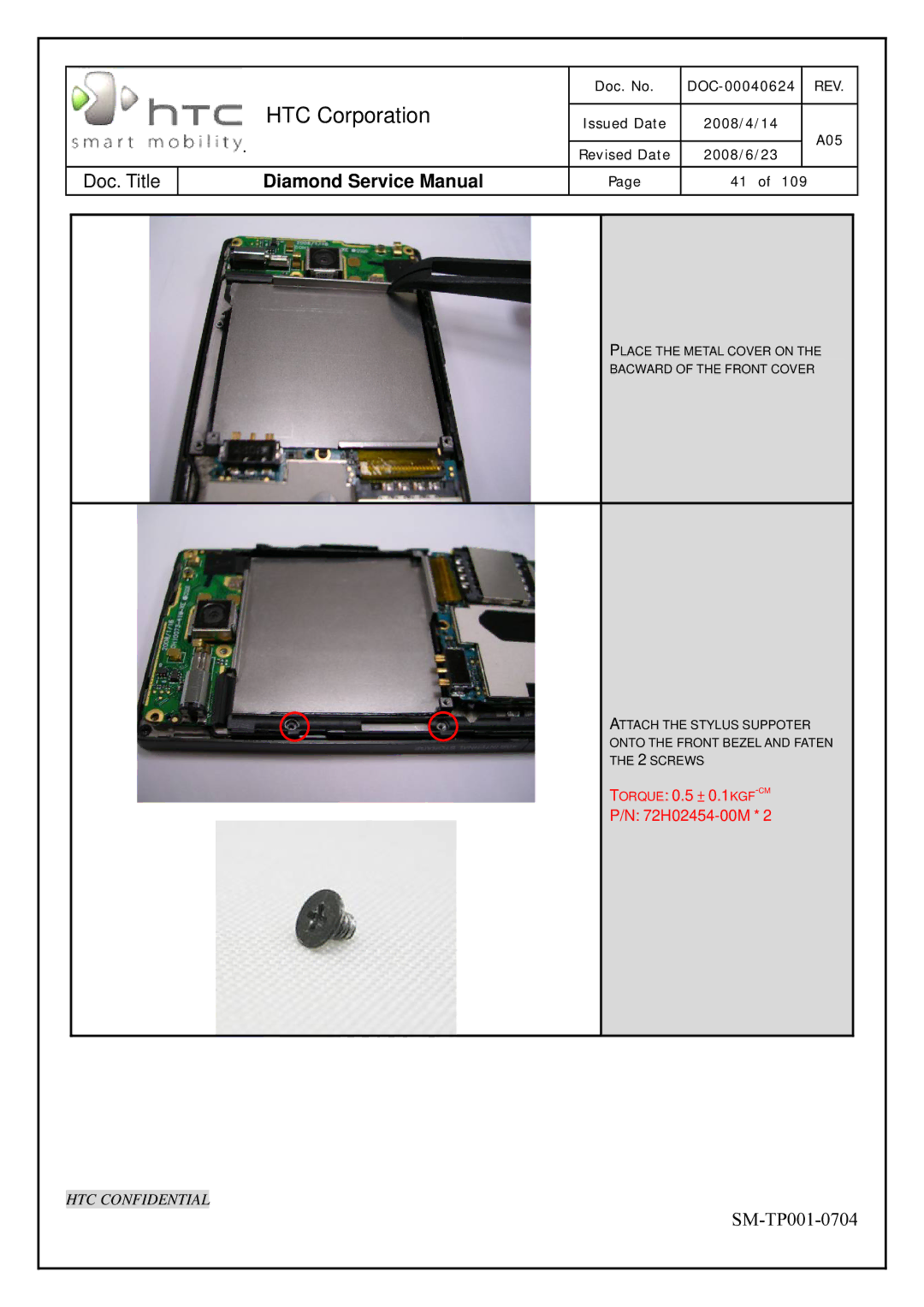 HTC Rev. A05 service manual Torque 0.5 ± 0.1KGF-CM 72H02454-00M 