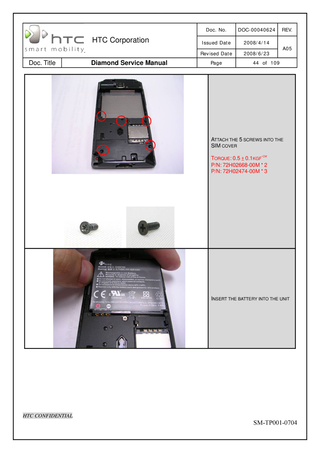 HTC Rev. A05 service manual Torque 0.5 ± 0.1KGF-CM 72H02668-00M 72H02474-00M 