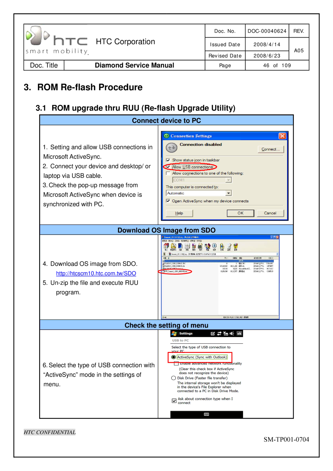 HTC Rev. A05 service manual ROM upgrade thru RUU Re-flash Upgrade Utility, Connect device to PC, Download OS Image from SDO 