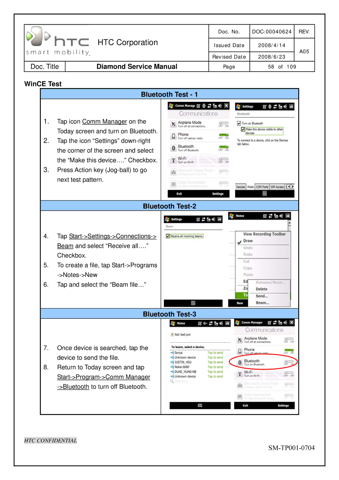 HTC Rev. A05 service manual WinCE Test Bluetooth Test, Bluetooth Test-2, Bluetooth Test-3 