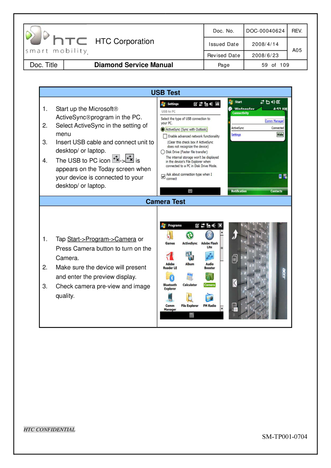 HTC Rev. A05 service manual USB Test, Camera Test 