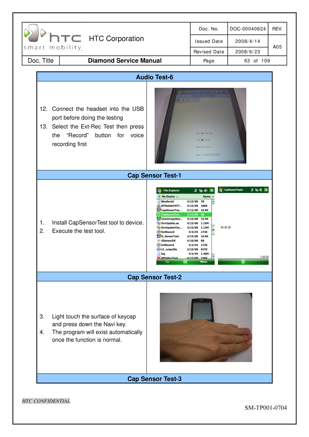 HTC Rev. A05 service manual Doc. Title Audio Test-6, Cap Sensor Test-1, Cap Sensor Test-2, Cap Sensor Test-3 