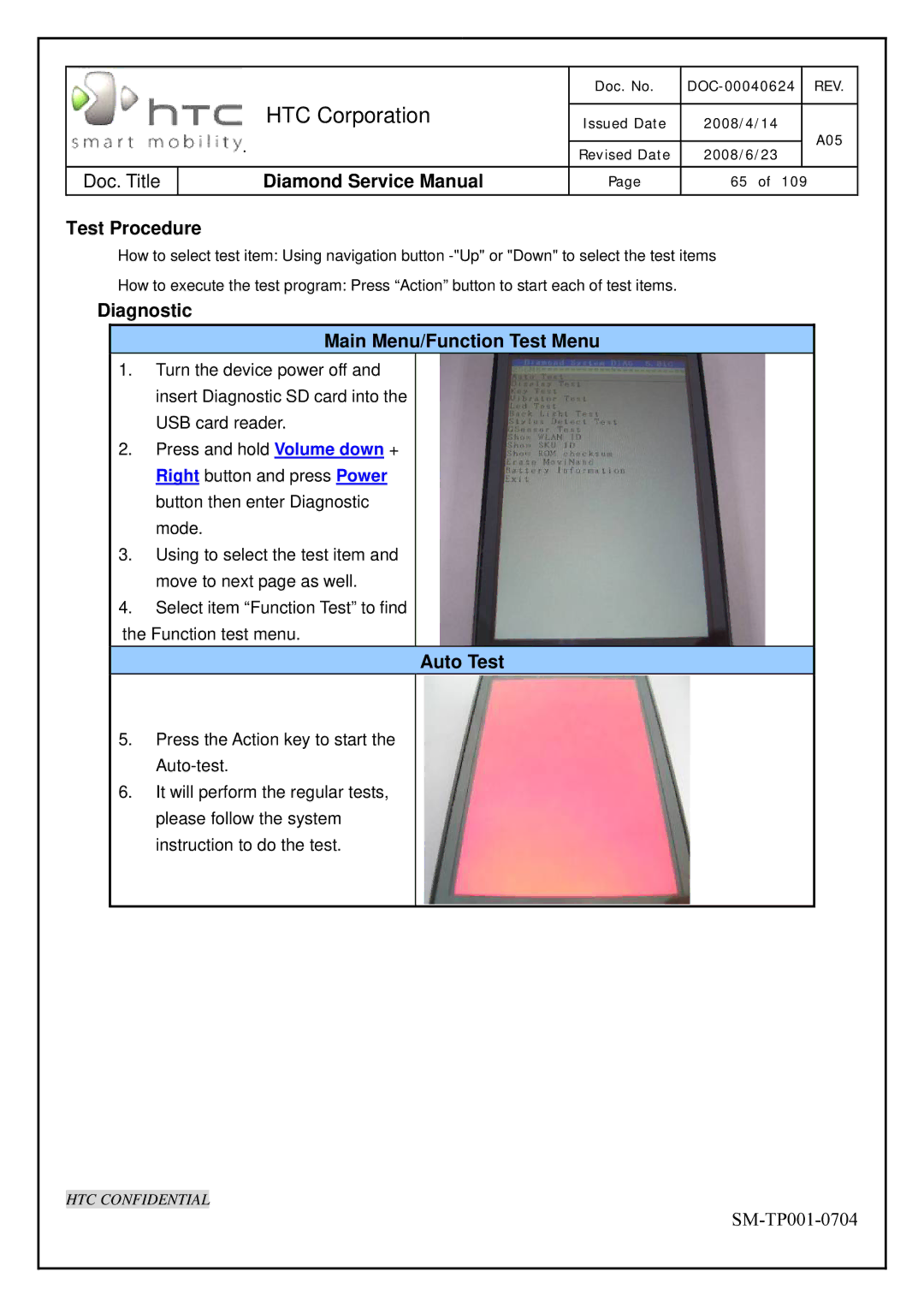 HTC Rev. A05 service manual Test Procedure, Diagnostic Main Menu/Function Test Menu, Auto Test 