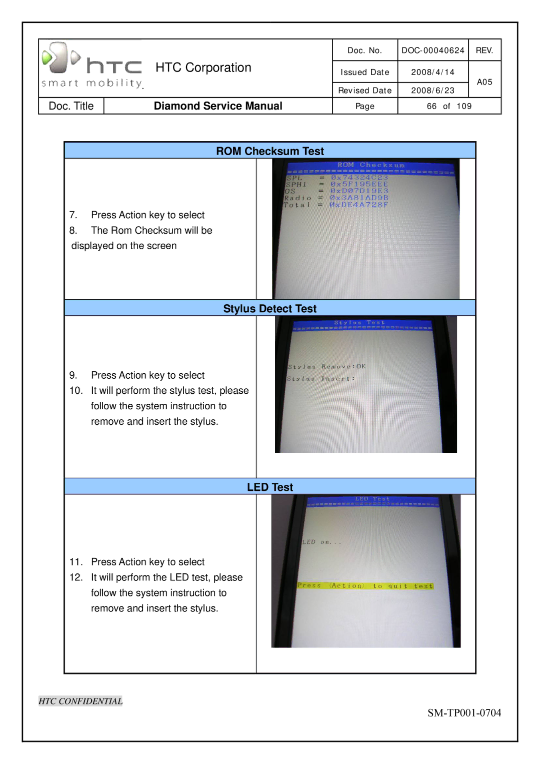 HTC Rev. A05 service manual Stylus Detect Test, LED Test, ROM Checksum Test 