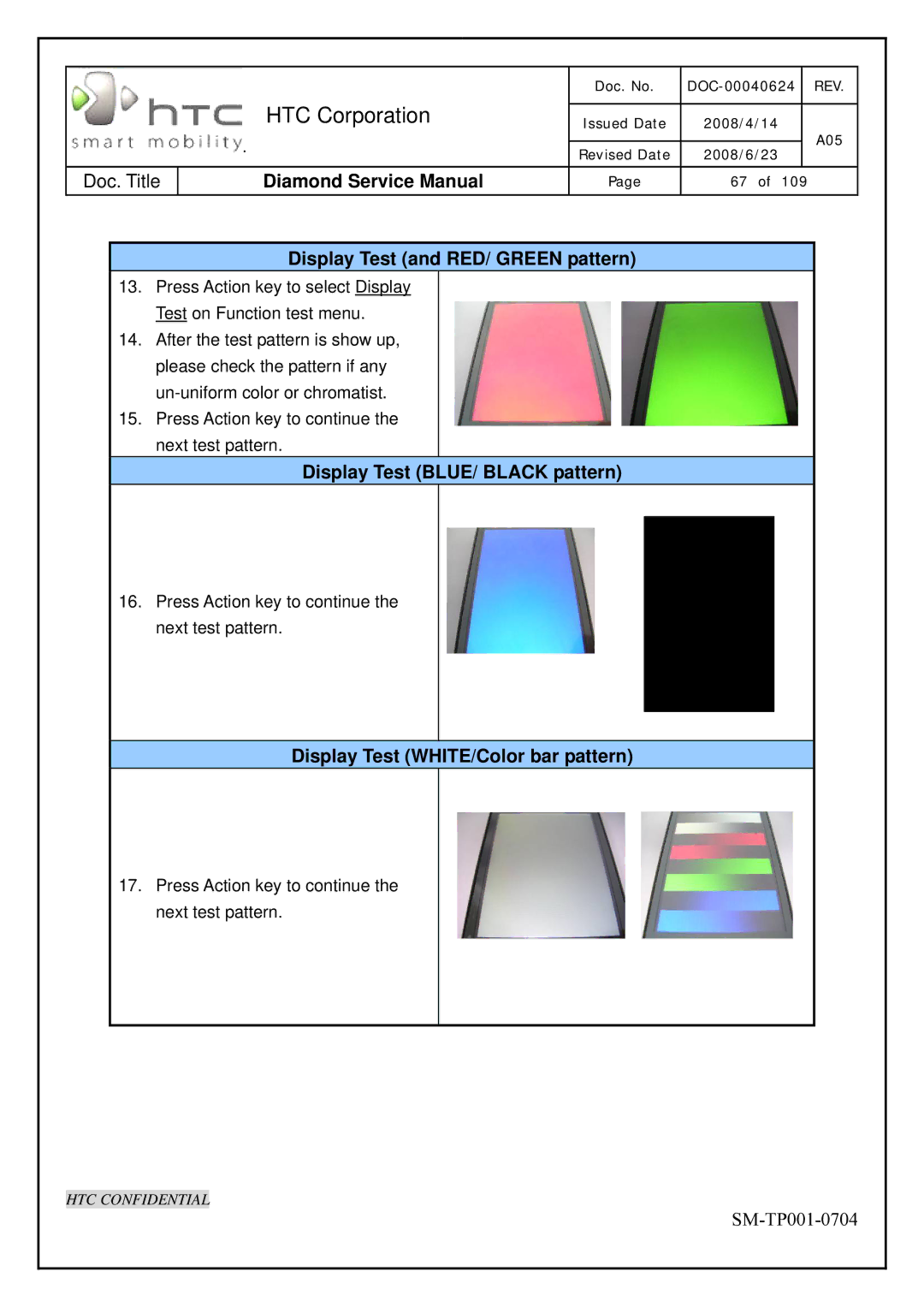 HTC Rev. A05 Display Test and RED/ Green pattern, Display Test BLUE/ Black pattern, Display Test WHITE/Color bar pattern 