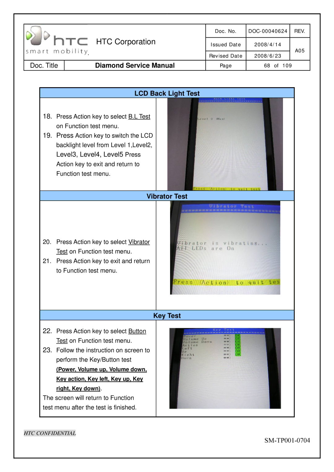 HTC Rev. A05 service manual Vibrator Test, Key Test, LCD Back Light Test 