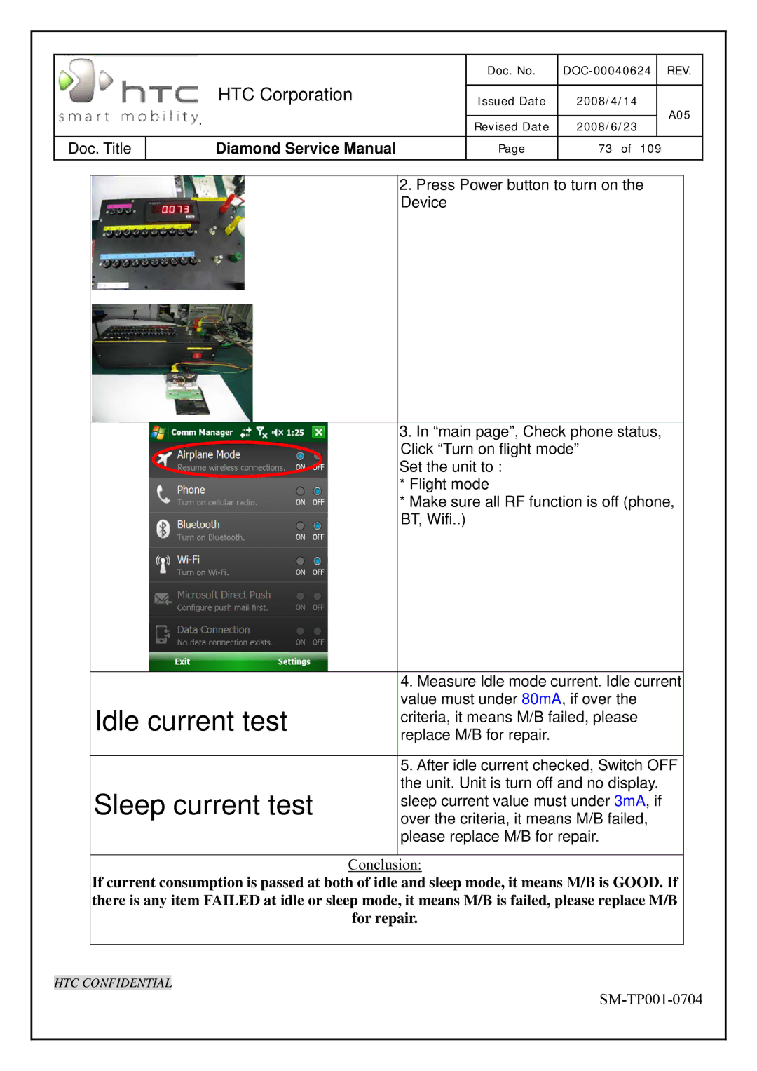 HTC Rev. A05 service manual Idle current test Sleep current test 