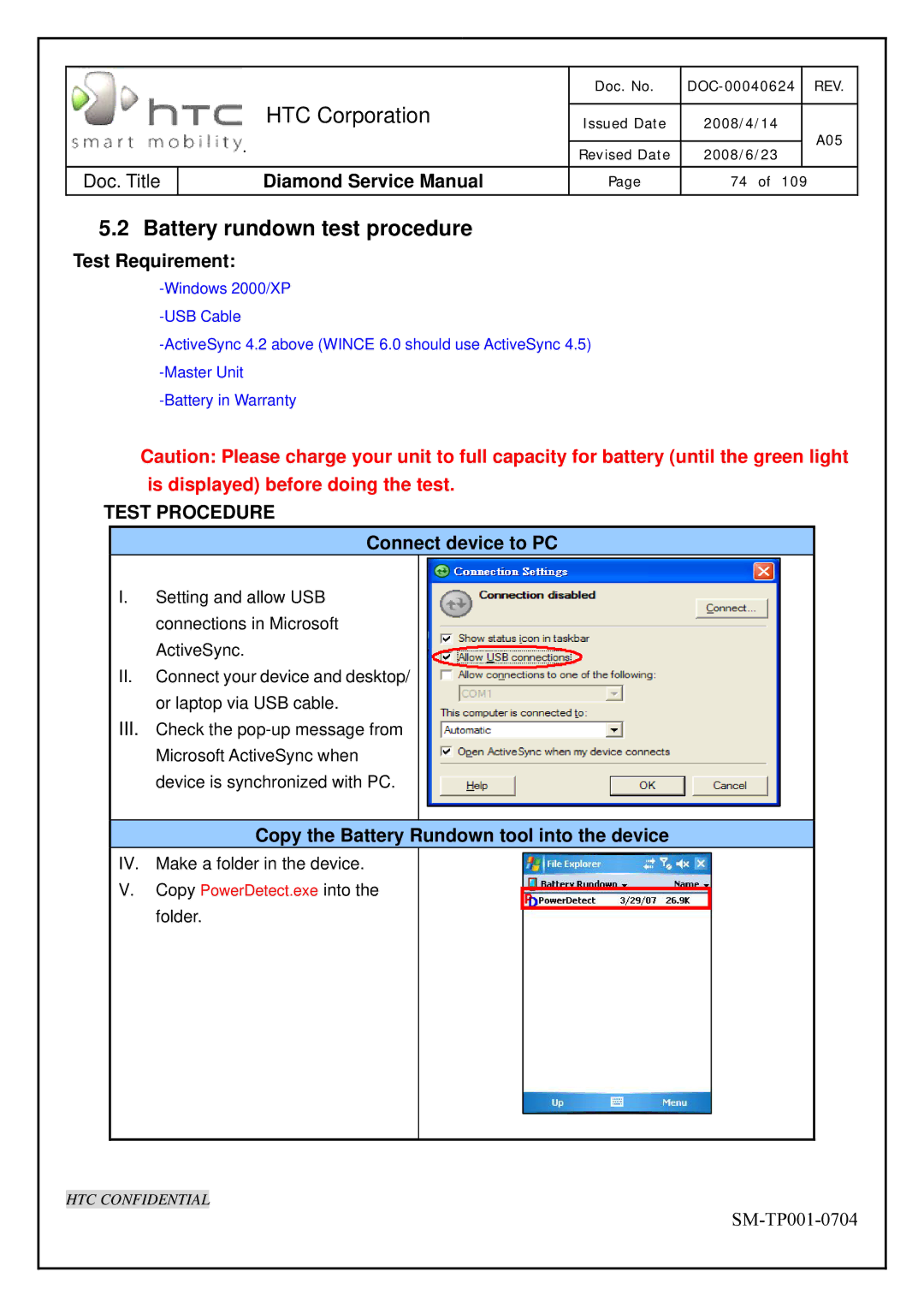 HTC Rev. A05 service manual Battery rundown test procedure, Test Requirement, Copy the Battery Rundown tool into the device 