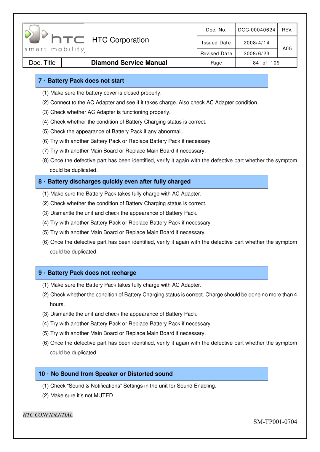 HTC Rev. A05 service manual ．Battery Pack does not start, ．Battery discharges quickly even after fully charged 