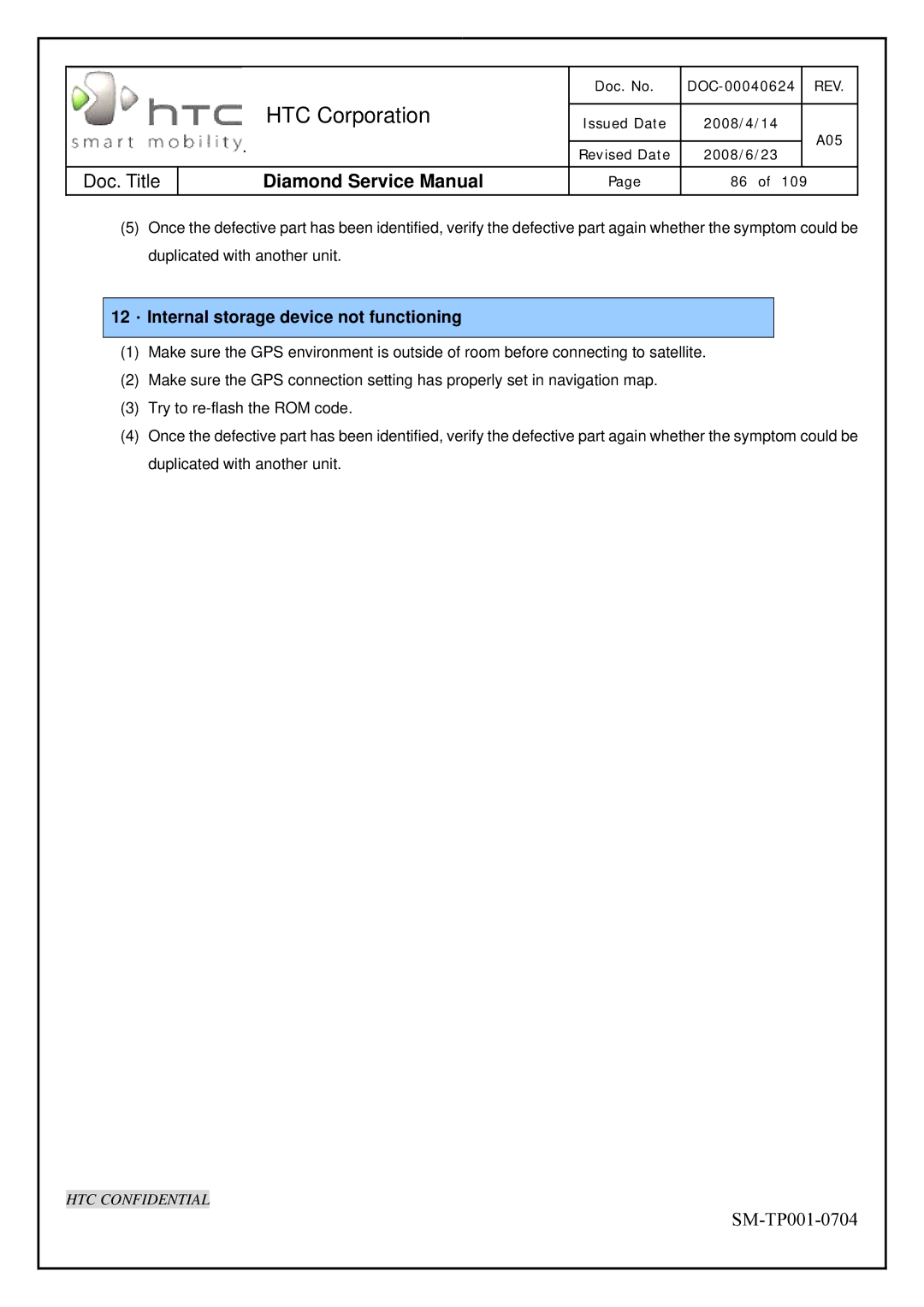 HTC Rev. A05 service manual 12．Internal storage device not functioning 