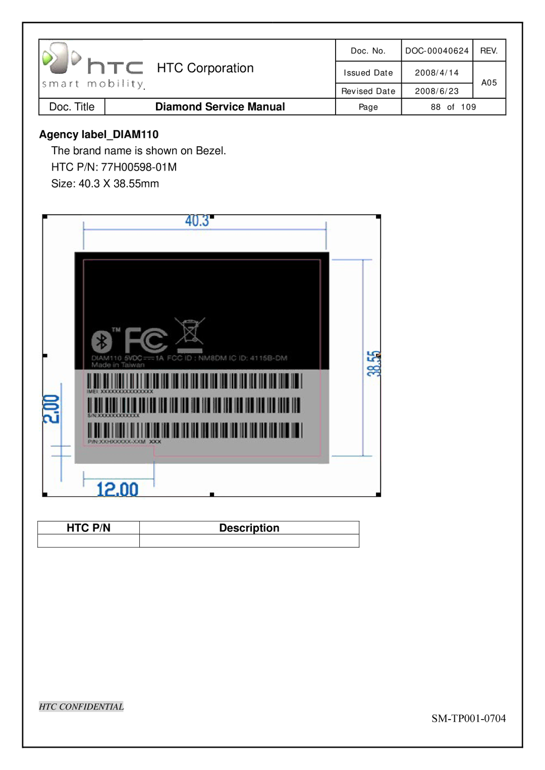 HTC Rev. A05 service manual Agency labelDIAM110 