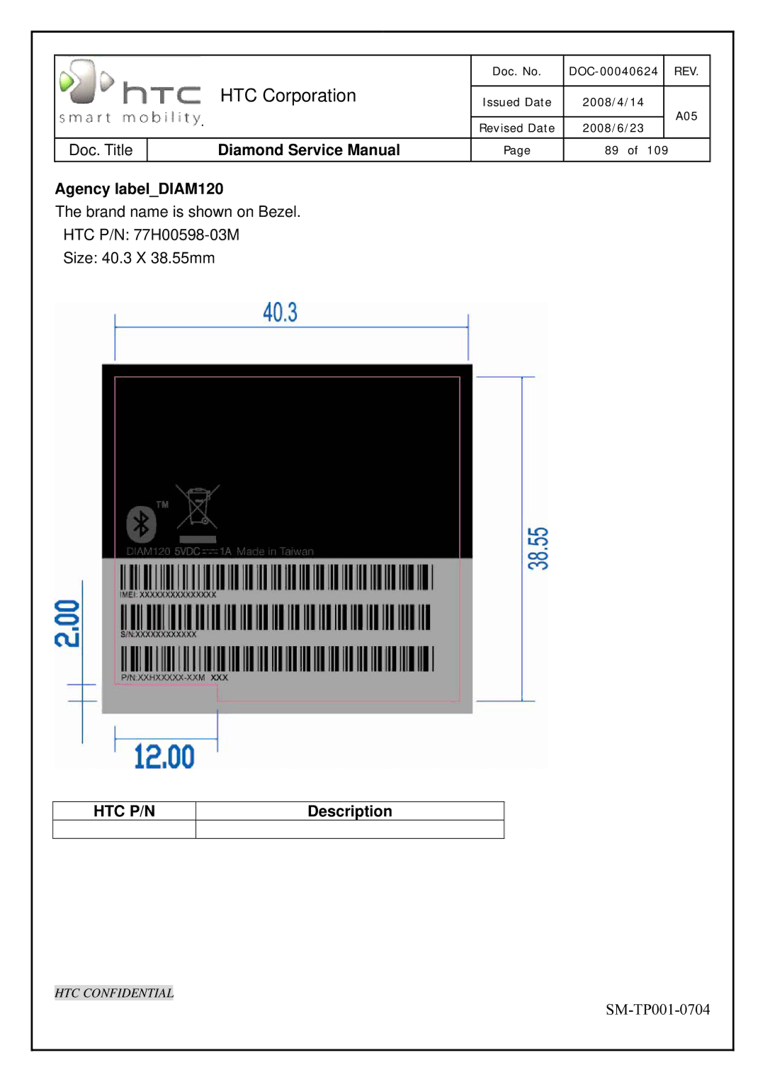 HTC Rev. A05 service manual Agency labelDIAM120 