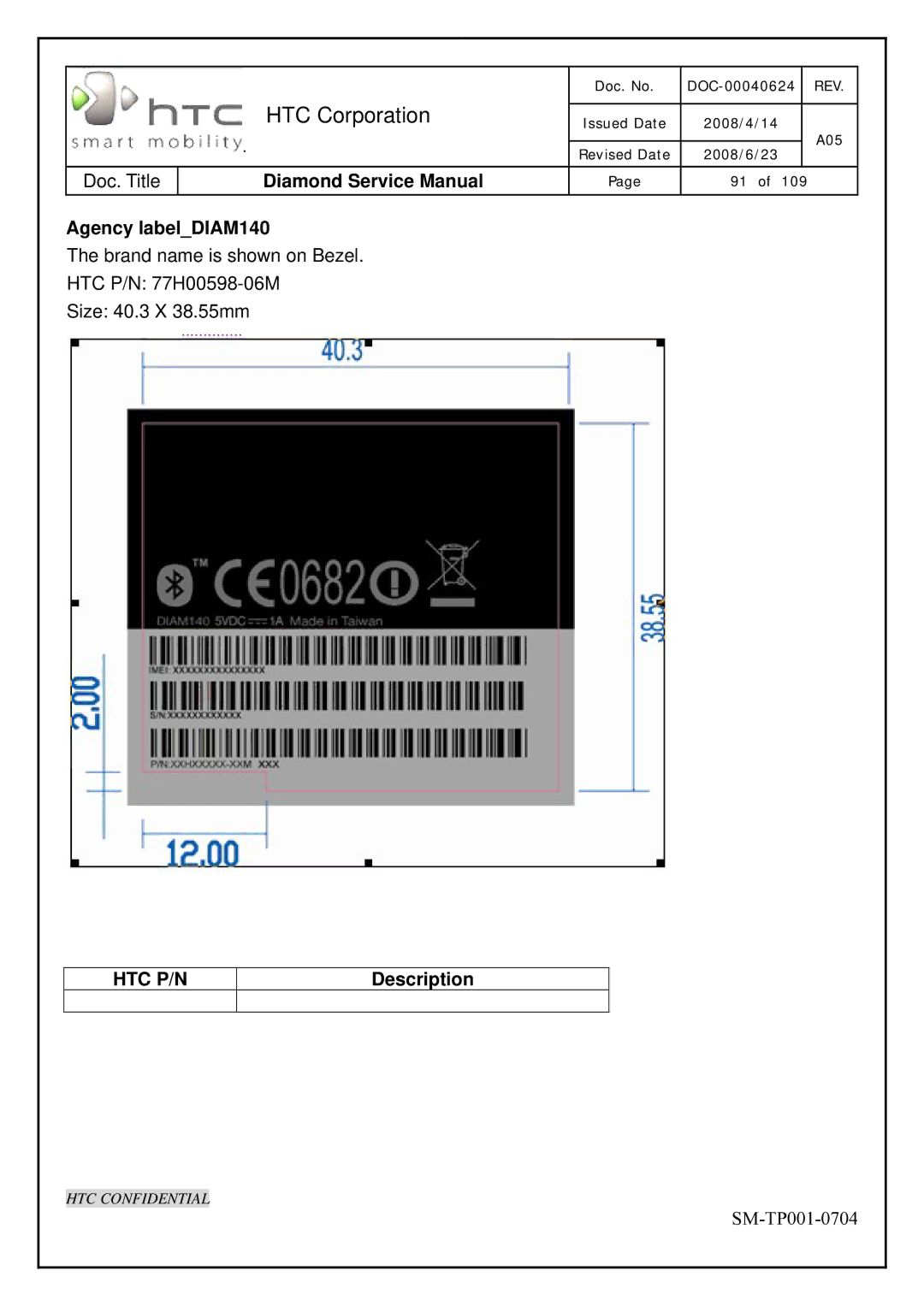 HTC Rev. A05 service manual Agency labelDIAM140 