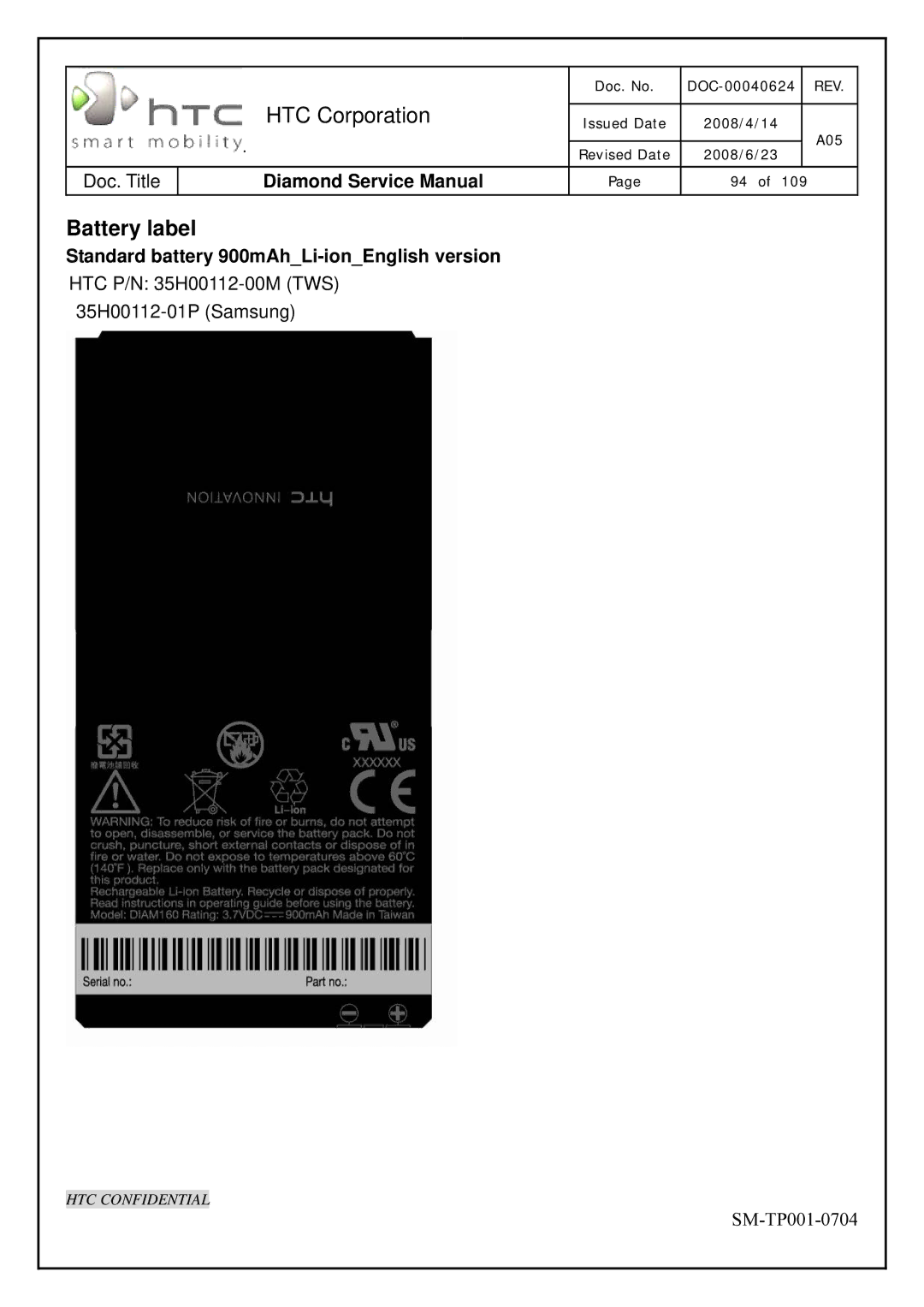 HTC Rev. A05 service manual Battery label, Standard battery 900mAhLi-ionEnglish version 