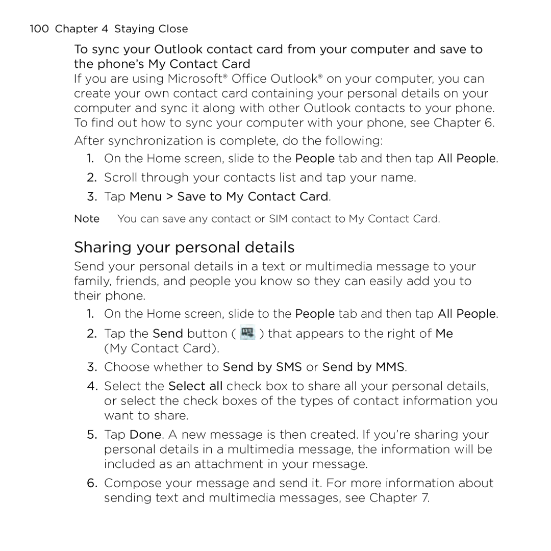 HTC NMRHOD00 user manual Sharing your personal details 