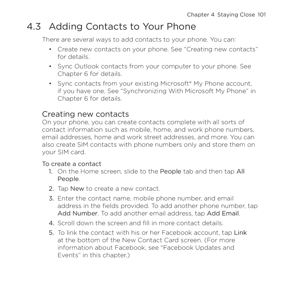 HTC NMRHOD00 user manual Adding Contacts to Your Phone, Creating new contacts 