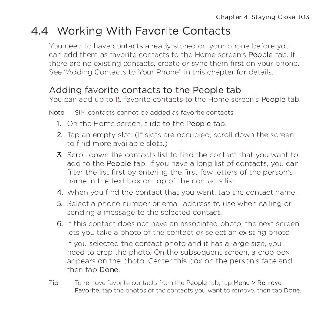 HTC NMRHOD00 user manual Working With Favorite Contacts, Adding favorite contacts to the People tab 