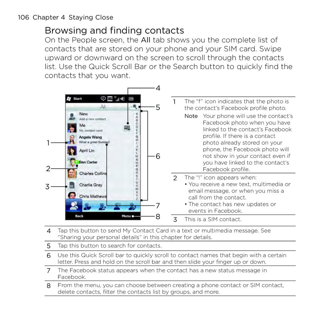 HTC NMRHOD00 user manual Browsing and finding contacts 