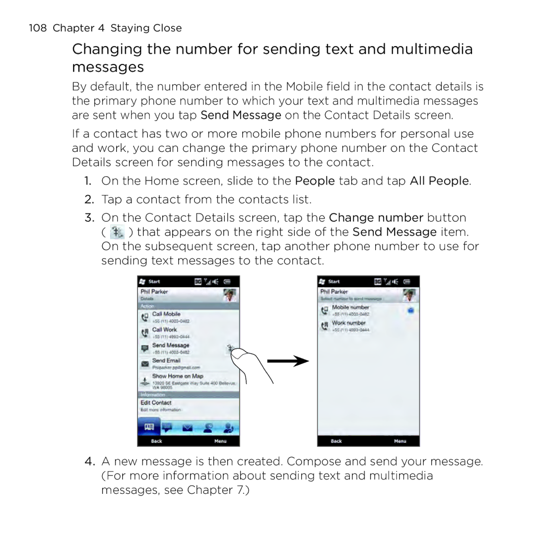 HTC NMRHOD00 user manual Changing the number for sending text and multimedia messages 