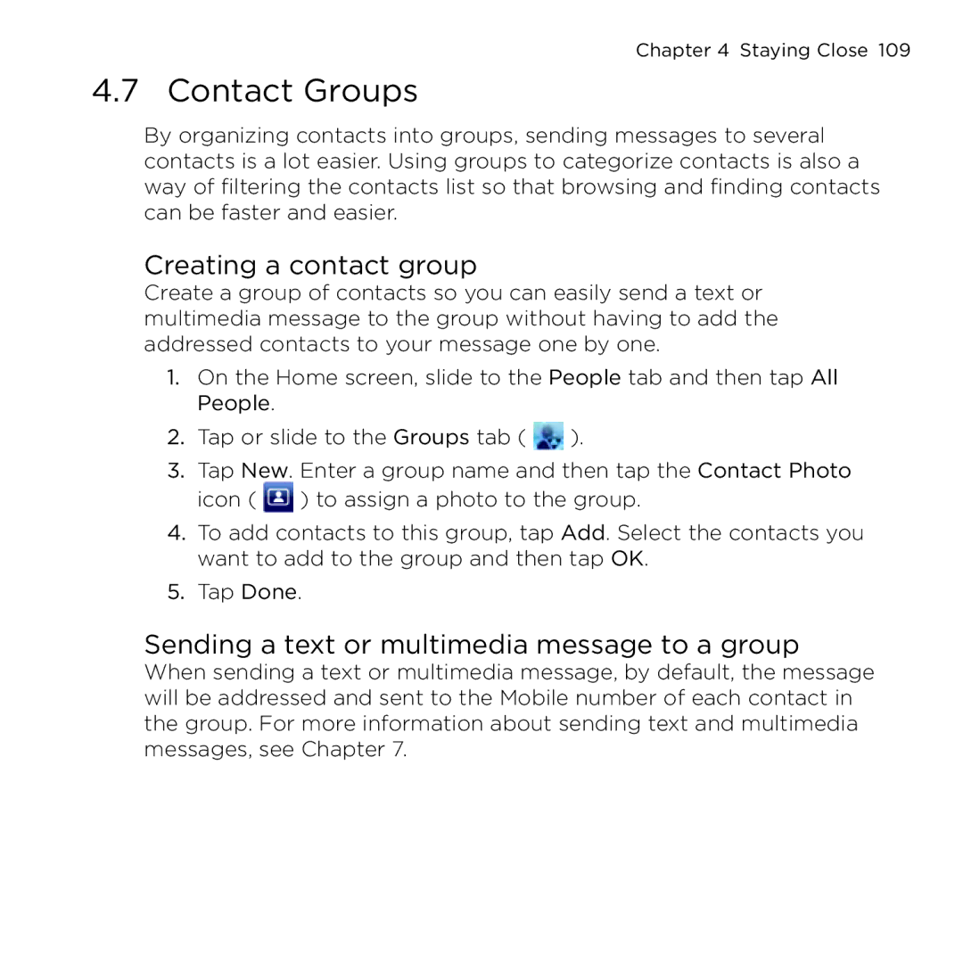 HTC NMRHOD00 user manual Contact Groups, Creating a contact group, Sending a text or multimedia message to a group 