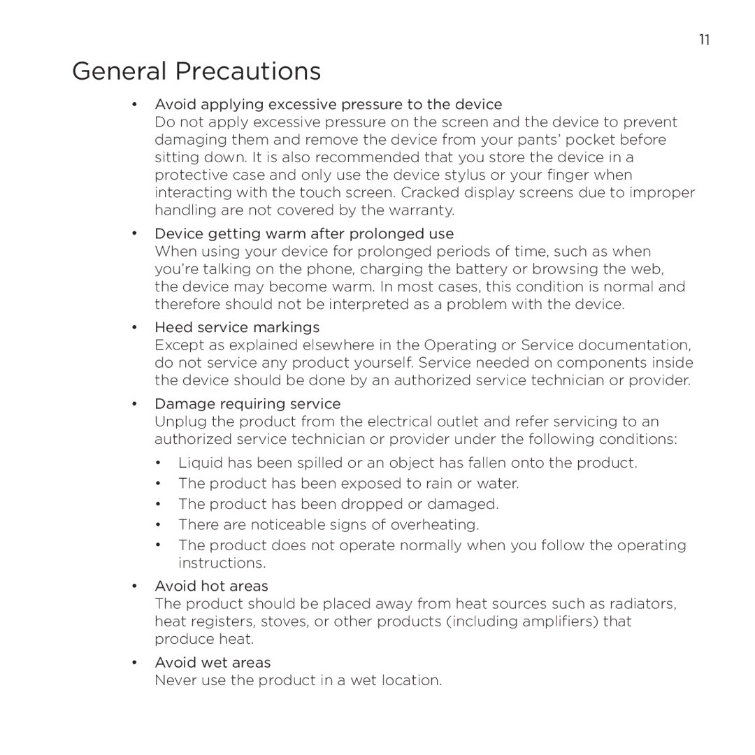 HTC NMRHOD00 user manual General Precautions 