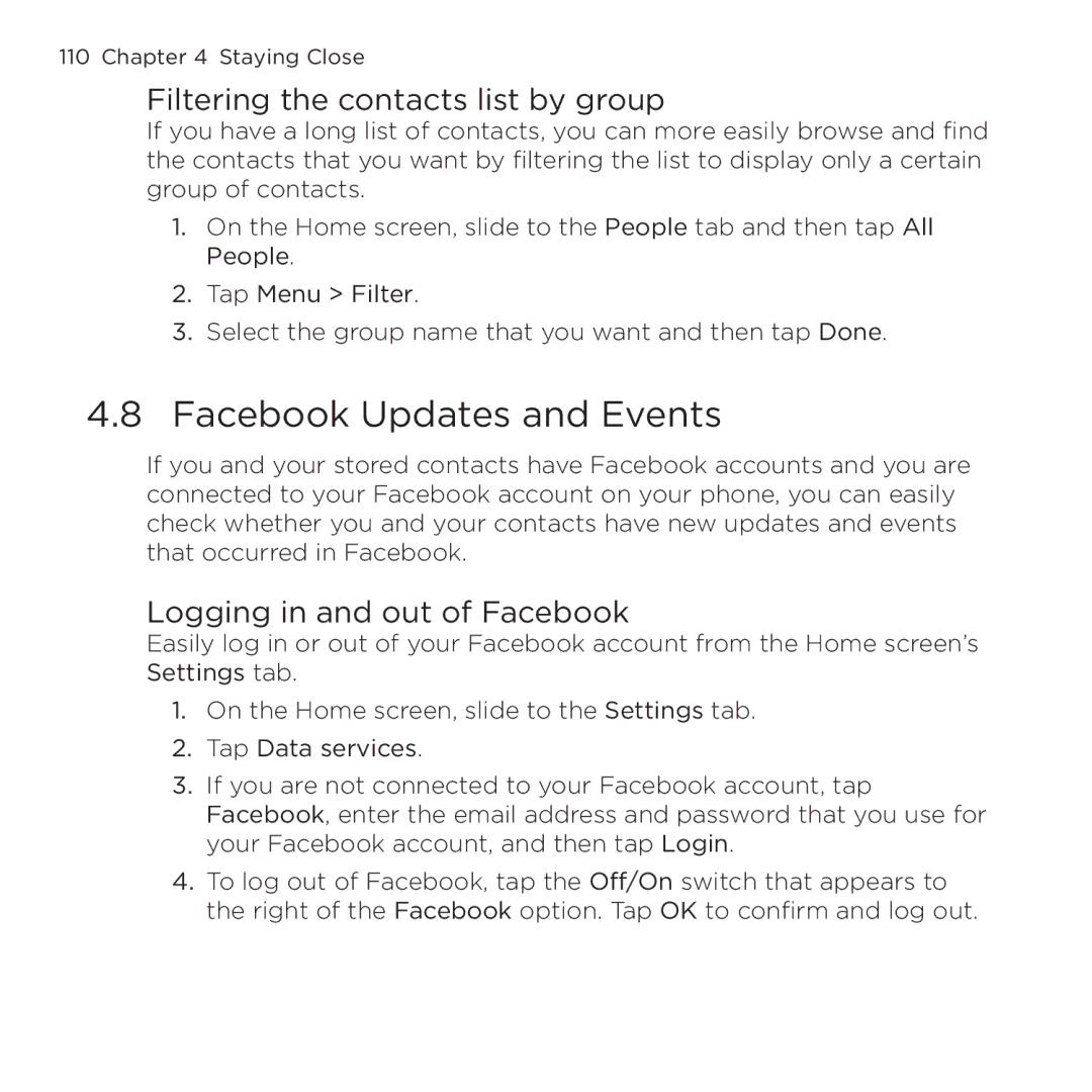 HTC NMRHOD00 Facebook Updates and Events, Filtering the contacts list by group, Logging in and out of Facebook 