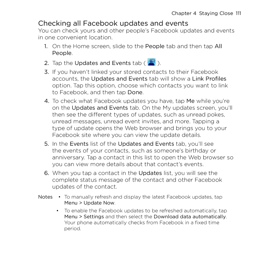 HTC NMRHOD00 user manual Checking all Facebook updates and events 