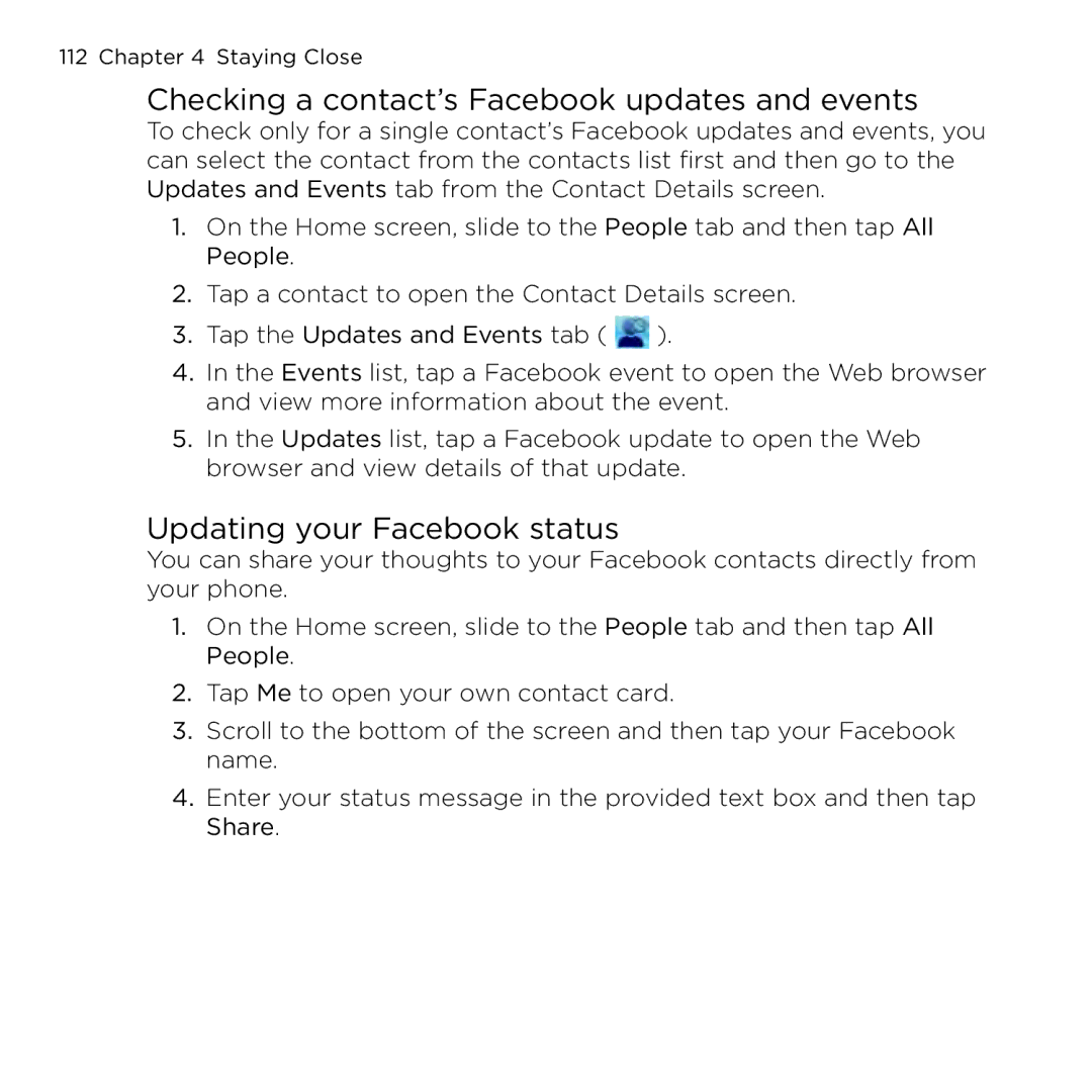 HTC NMRHOD00 user manual Checking a contact’s Facebook updates and events, Updating your Facebook status 