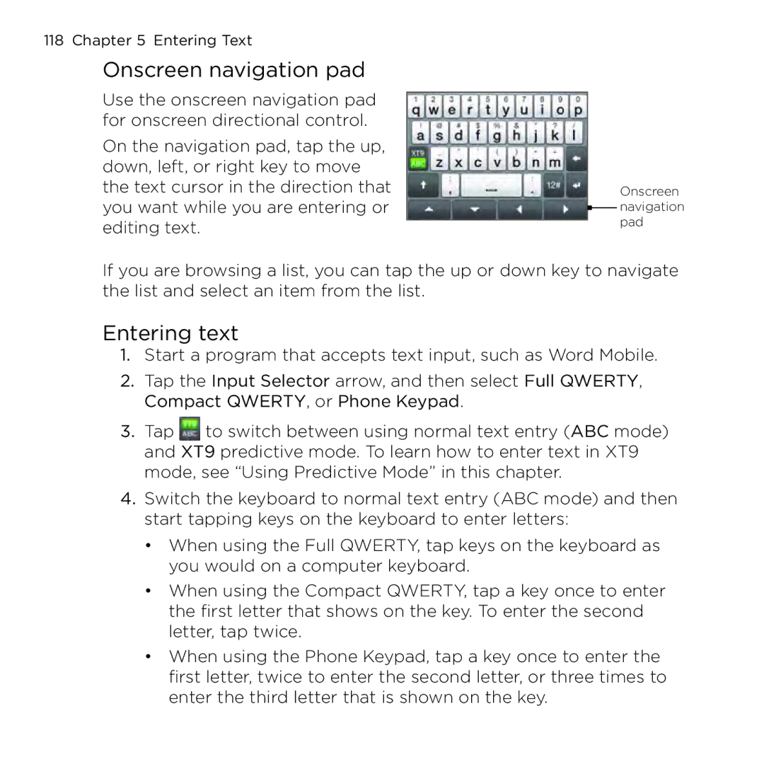 HTC NMRHOD00 user manual Onscreen navigation pad, Entering text 