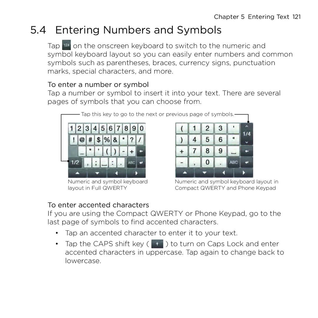 HTC NMRHOD00 user manual Entering Numbers and Symbols 