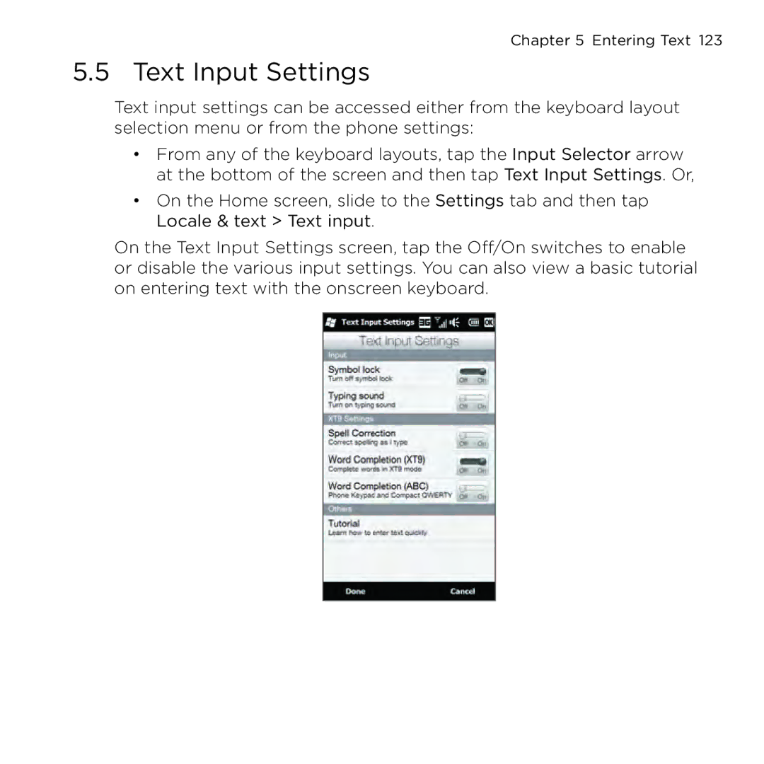 HTC NMRHOD00 user manual Text Input Settings 