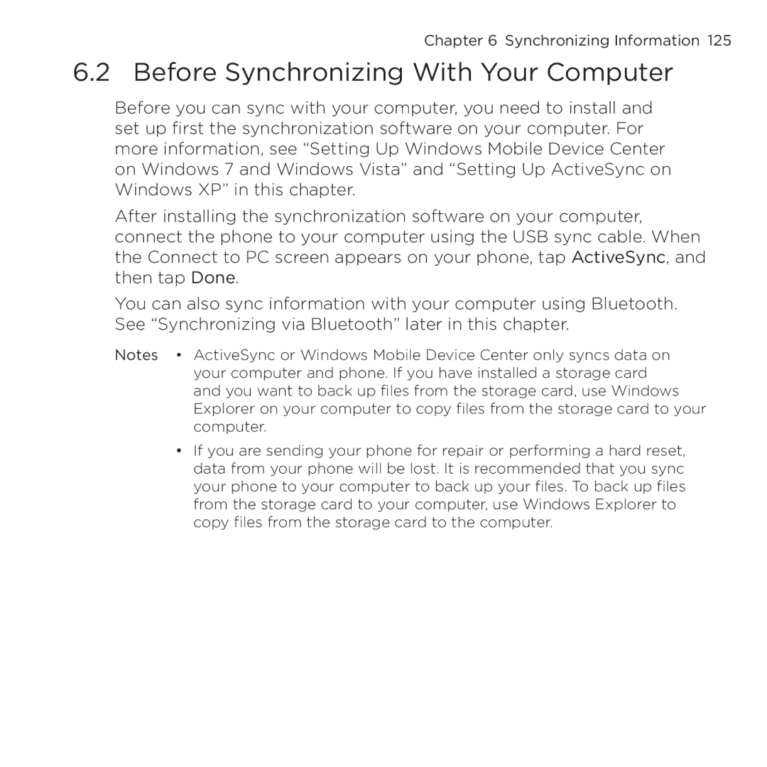 HTC NMRHOD00 user manual Before Synchronizing With Your Computer 